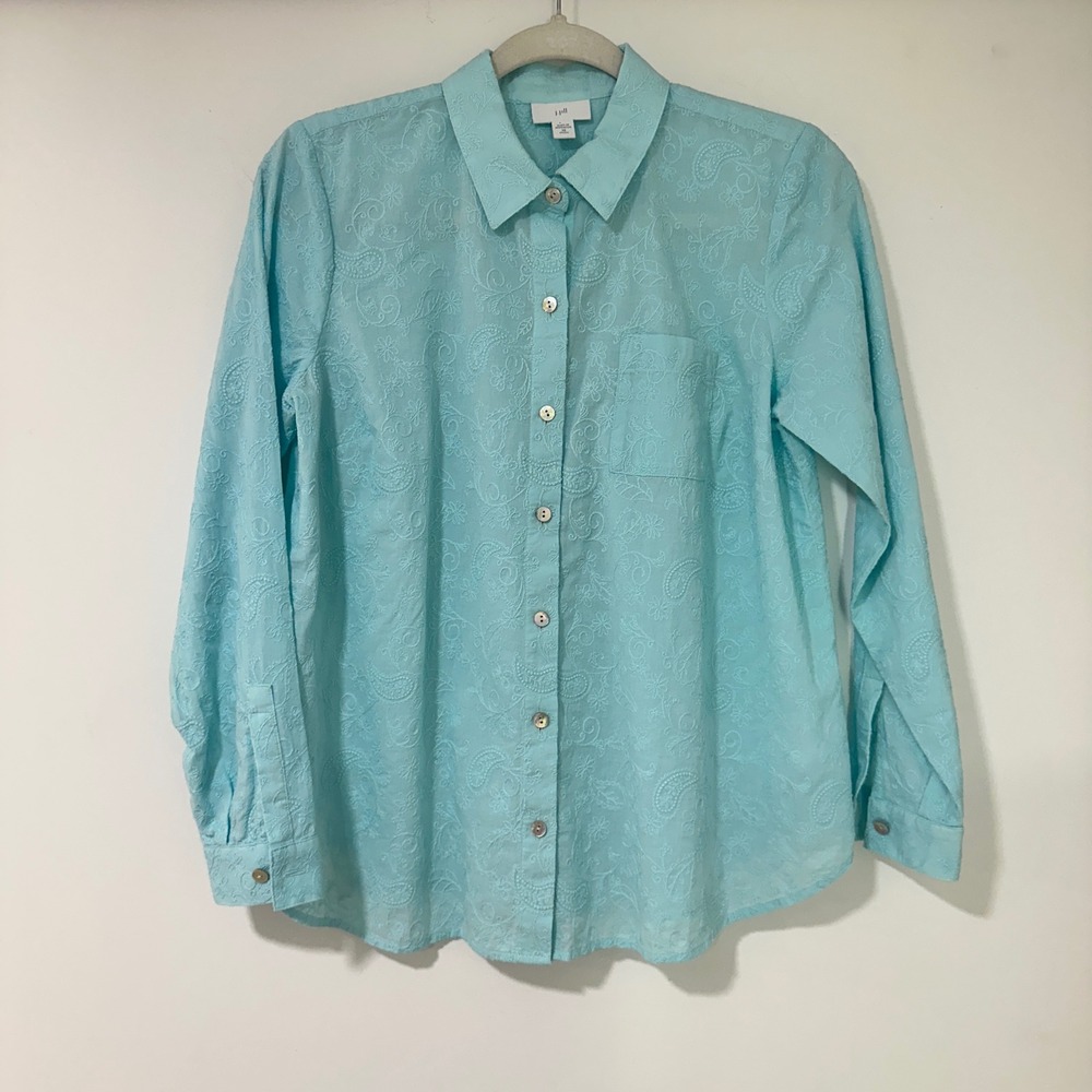 J Jill Womens XS Petite Aqua Blue Cotton Paisley Embroidered Button Down Shirt